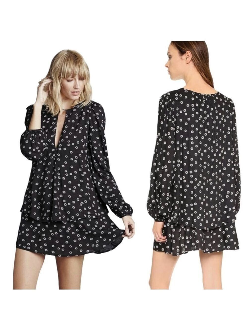 FREE PEOPLE Black Floral Double Layer Mini Dress / Tunic Side Pockets US Sz XS